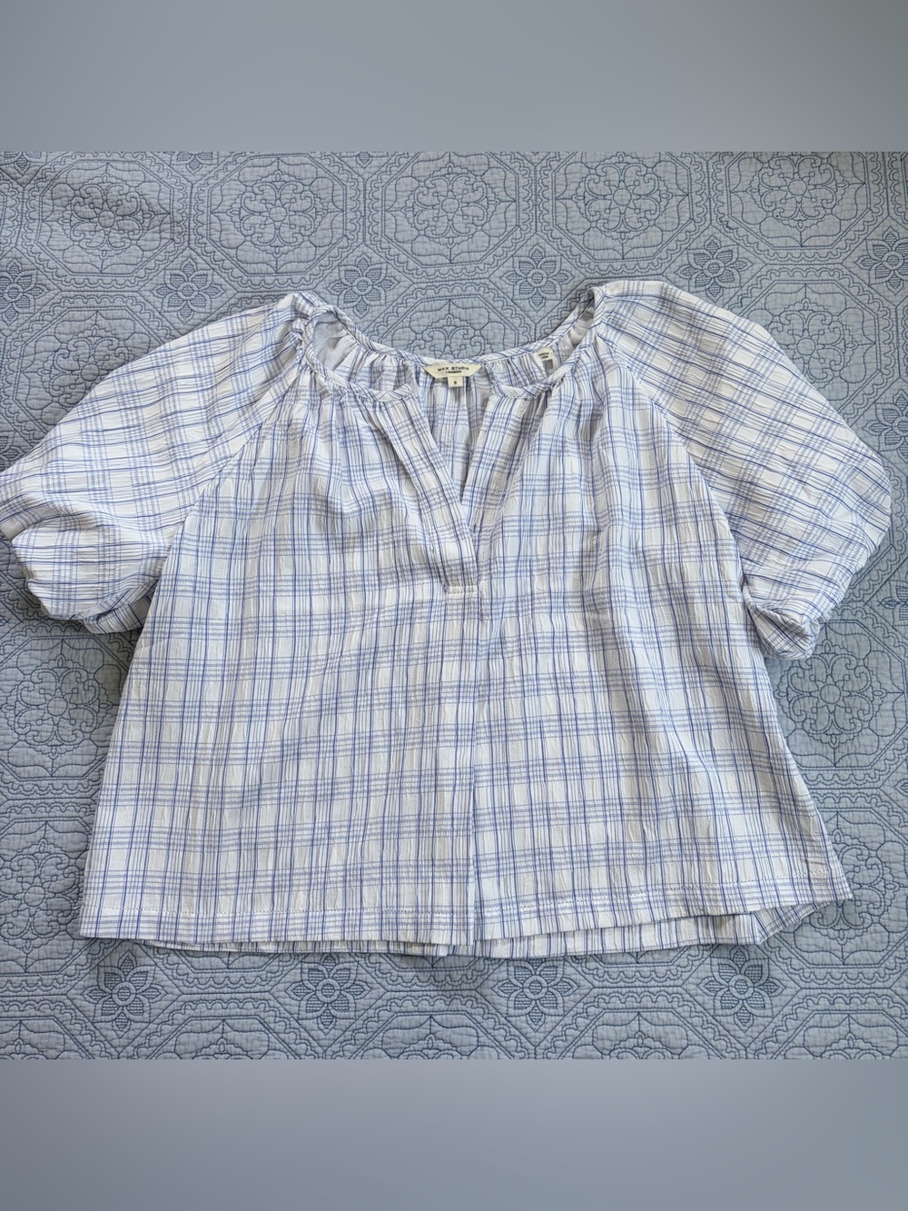Max Studio Light Blue & White Plaid Puff-Sleeve Peasant Top